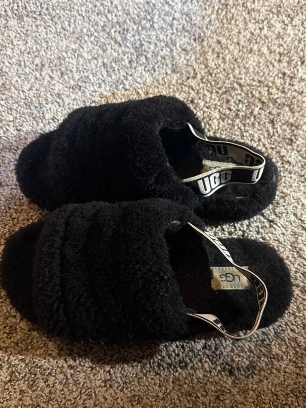 UGG Kids Black Fluff Slide Sandals with Branded Heel Strap